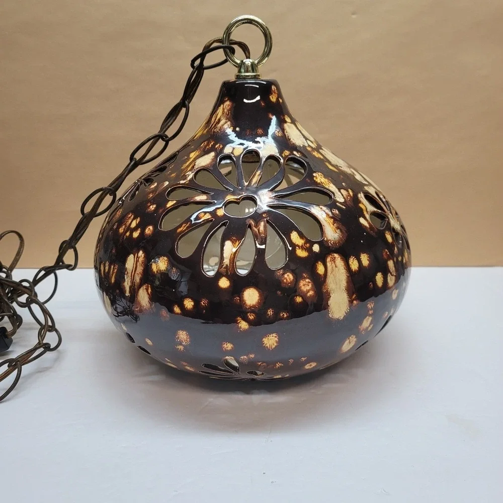 Vintage Handmade Ceramic Swag Lamp Brown‎ Drip Glaze Floral Cutout Pendant Light